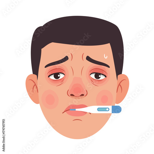 A cartoon illustration of a man's face looking unwell with a thermometer in his mouth, indicating fever.