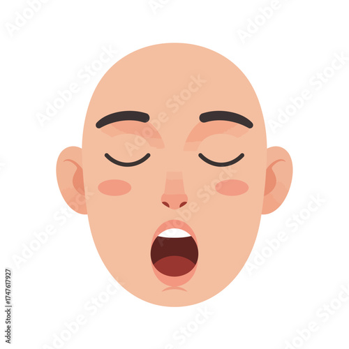 A cartoon illustration of a bald person's head yawning with closed eyes and an open mouth, conveying a sense of tiredness or boredom.