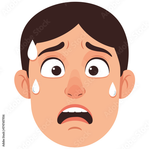 A cartoon illustration of a man's face expressing fear and anxiety, sweating with wide eyes and an open mouth.