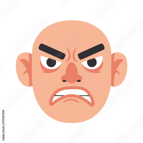 A bald human face with furrowed brows and a grimacing expression, showing anger.