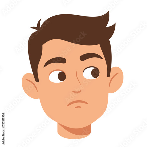 Cartoon illustration of a young man's face, displaying a thoughtful and concerned expression.