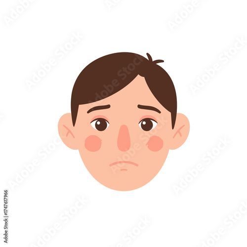 Simple illustration of a young person's face showing sadness, with downcast eyes.