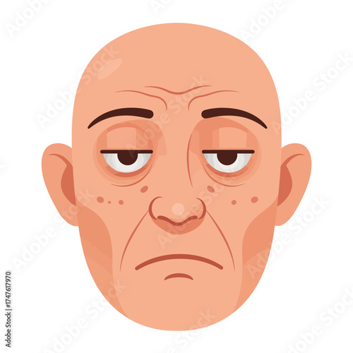 Cartoon illustration of a bald, middle-aged man with a tired and weary expression on his face.