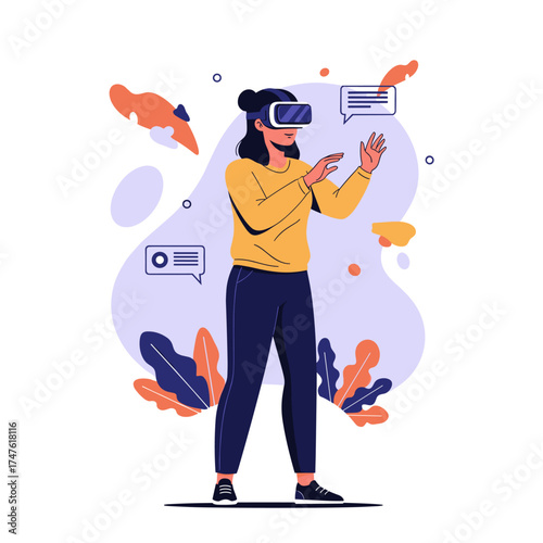 A person wearing a virtual reality headset and interacting with digital elements in an immersive digital space.