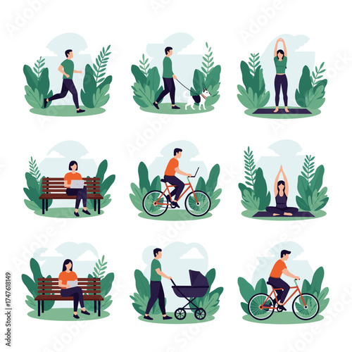 People enjoying outdoor activities and leisure in a park.