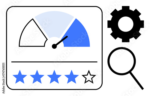 Gauge showing performance level, star-based rating, gear representing settings, and magnifying glass for analysis. Ideal for performance evaluation, quality control, user feedback, productivity