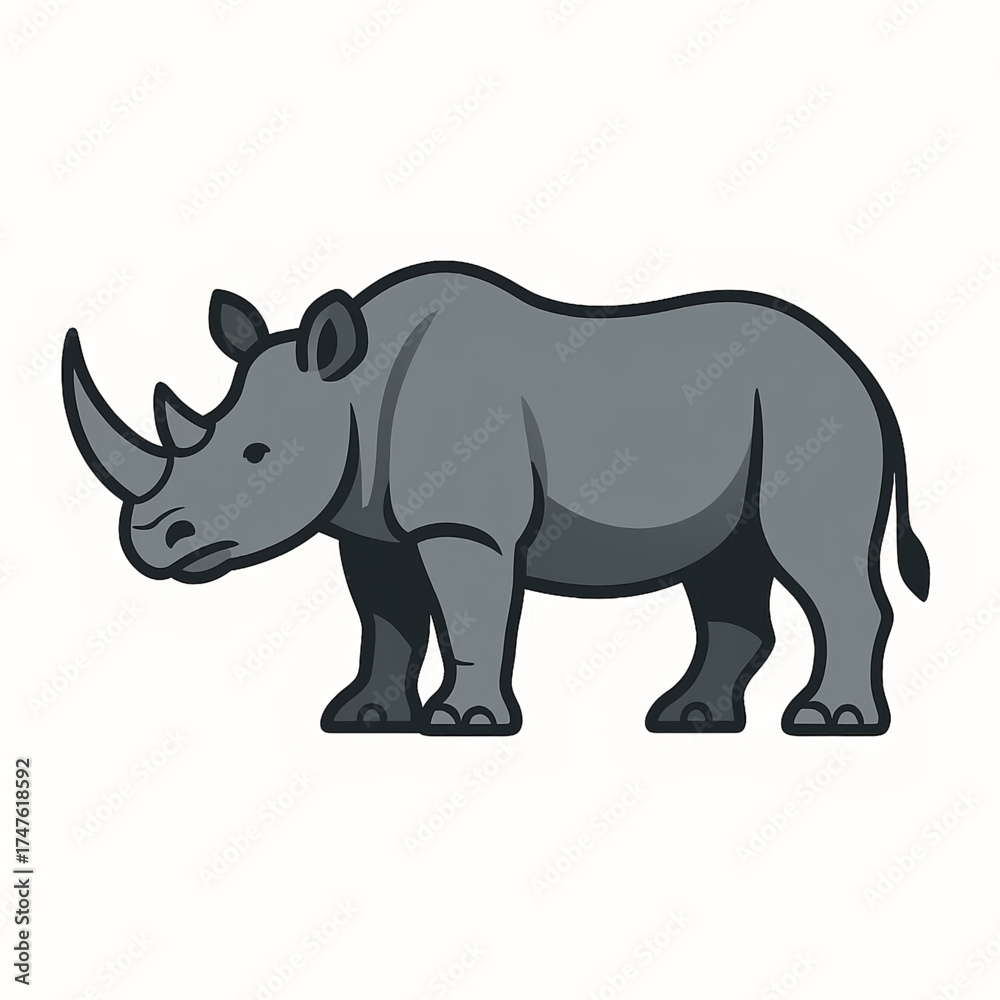 Obraz premium Majestic grey rhinoceros illustration, a powerful safari animal with a prominent horn, depicted in a clean and modern cartoon style, perfect for educational content or wildlife themes and branding