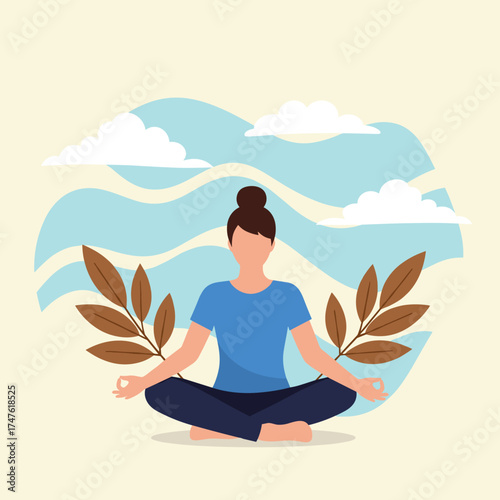 Woman meditating peacefully in a serene environment surrounded by nature and clouds.