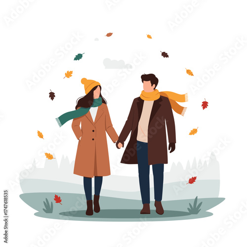 A couple walking hand in hand during autumn leaves falling around them