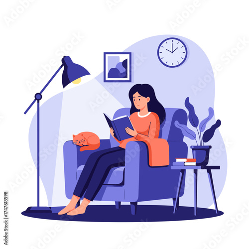 A young woman reading a book in a comfortable armchair with a cat on her lap.