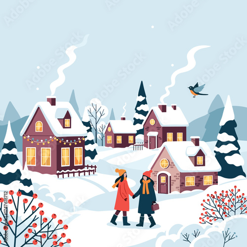 A charming winter village scene with snow covered houses and festive decorations.