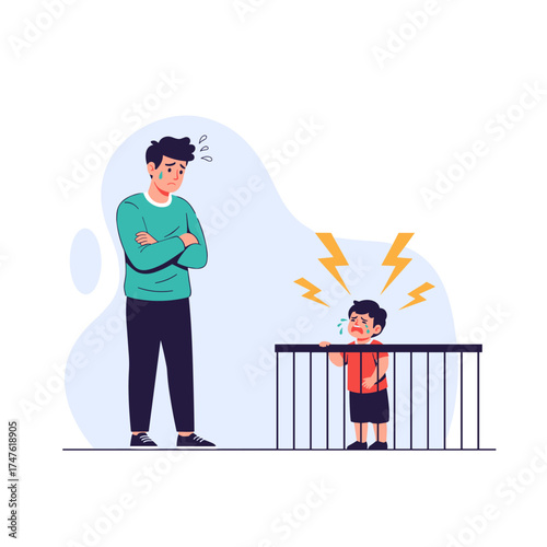 Frustrated father observing his crying child in a playpen feeling overwhelmed by parental stress and responsibility.