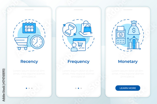 Market research methodology blue onboarding mobile app screen. Walkthrough 3 steps editable graphic instructions with linear concepts. UI, UX, GUI. Montserrat SemiBold, Regular fonts used