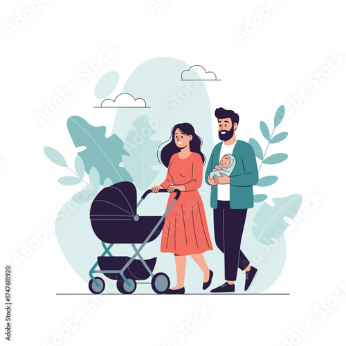 A happy family enjoys a leisurely walk with their newborn baby in a stroller.