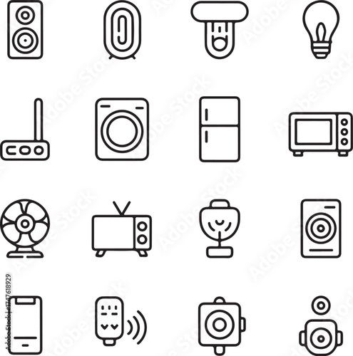 Modern minimalist line art icons of home appliances and electronics gadgets collection pack