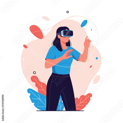 A woman experiencing virtual reality with her hands reaching out into the digital world.