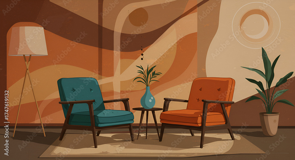 Fototapeta premium Stylish Mid-century Modern Living Room with Two Armchairs and Indoor Plants