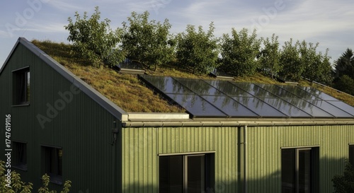 Wallpaper Mural Modern Sustainable House with Green Roof, Solar Panels, and Lush Trees, Featuring Eco-Friendly Wooden Siding and Integrated Renewable Energy Design. Torontodigital.ca