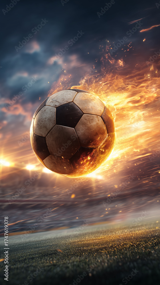 Fototapeta premium Fiery soccer ball speeding through stadium flames