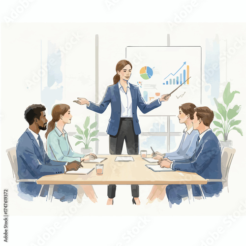 Watercolor Business People and Office Activities on White Background