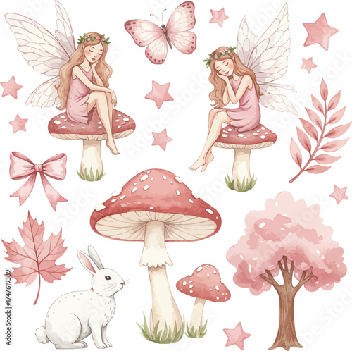 Enchanting pink fairies mushrooms butterfly leaves and bunny digital elements for magical designs
