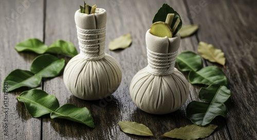 Thai Herbal Compress Balls with Ginger, Kaffir Leaves, and Lemongrass on a Wet Wooden Surface, Highlighting Traditional Spa, Wellness, and Natural Healing Practices