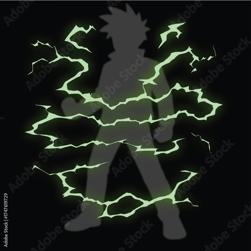 Lightning energy effect background, Powerful electric energy blast with bright glowing cracksthunder Lightning Bolt on Black Background, anime lightning style