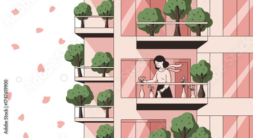 Charming illustration of a woman on her balcony surrounded by lush greenery and falling petals