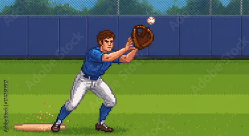 Pixel Art Baseball Player Catching Ball on Field in Action Scene