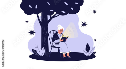 Charming vector illustration of an elderly woman reading a book under a tree at night