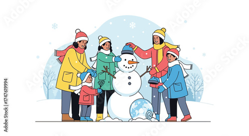 Cheerful family building snowman together, enjoying a snowy winter day outdoors illustration