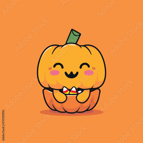 cute jack-o-lantern with shy blushing cheeks and closed smiling eyes, holding tiny candy corn, kawaii cartoon vector illustration