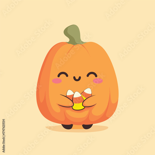 cute jack-o-lantern with shy blushing cheeks and closed smiling eyes, holding tiny candy corn, kawaii cartoon vector illustration