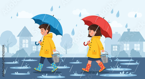 Children enjoying a rainy day walk with umbrellas and buckets in a whimsical style landscape