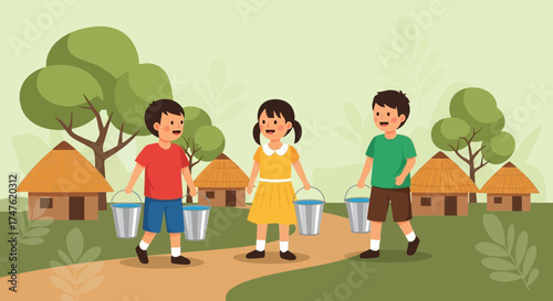 Children fetching water in a rural village illustrating community and cooperation in daily life