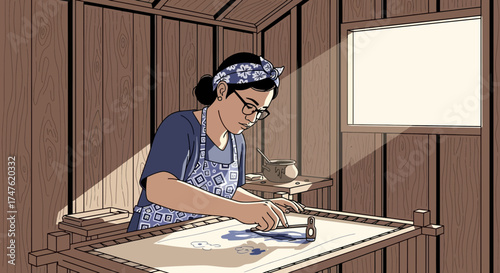Concentrated artisan crafting traditional batik with canting tool in a wooden workshop filled with