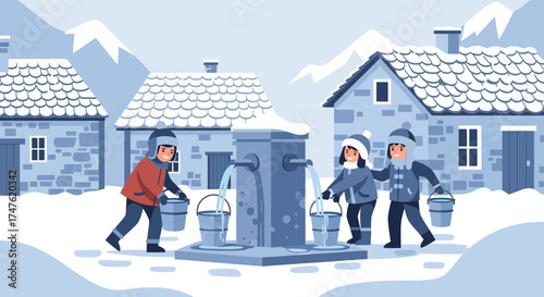 Children collecting water from village fountain in a snowy winter landscape illustration