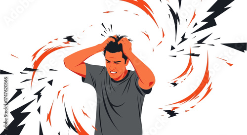 Conceptual illustration showcasing a man experiencing a severe headache and stress symptoms