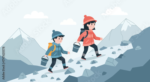 Children's Adventure: A cartoon illustration featuring kids hiking up a mountain slope with snowy