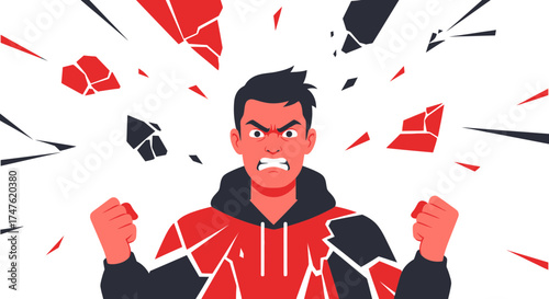 Conceptual illustration of a furious man expressing anger and frustration surrounded by shattered