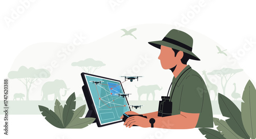 Conservationist monitoring wildlife with drones, blending technology and nature to protect