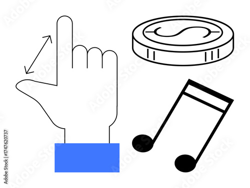 Hand swipe motion suggesting control or interaction, coin as currency concept, and music note for creativity. Ideal for technology, finance, music, apps, user experience, innovation simple flat