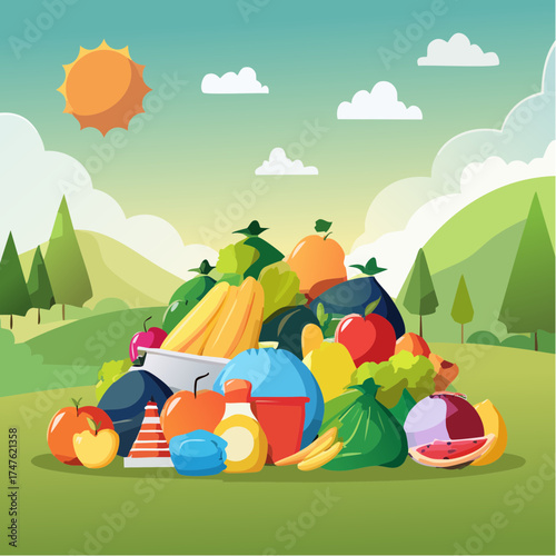 garbage pile with colorful plastic and food waste. Concept of pollution recycling