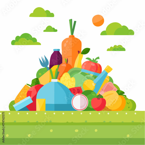 garbage pile with colorful plastic and food waste. Concept of pollution recycling