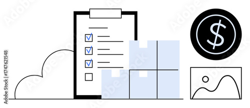 Checklist with marked items, stacked boxes, dollar coin, and analytics chart. Ideal for supply chain, e-commerce, planning, budgeting inventory financial management business goals. Simple flat