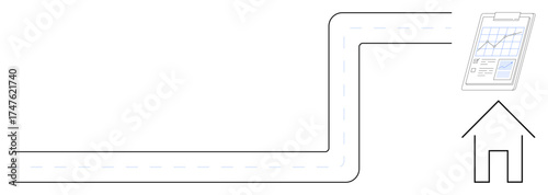 Curved road leading to a house and clipboard displaying data and graphs. Ideal for data planning, real estate, strategy, home ownership, business goals, journey mapping, and analytics. Simple flat