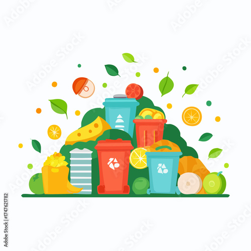 garbage pile with colorful plastic and food waste. Concept of pollution recycling