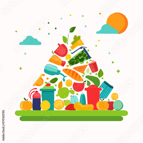 garbage pile with colorful plastic and food waste. Concept of pollution recycling