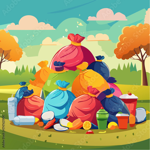 garbage pile with colorful plastic and food waste. Concept of pollution recycling
