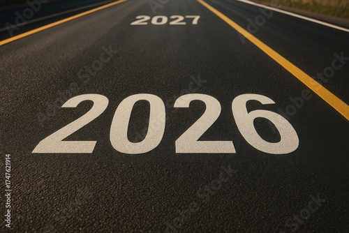 Road with Future Years 2026 and 2027 Marked on Asphalt Surface in Dynamic Perspective View